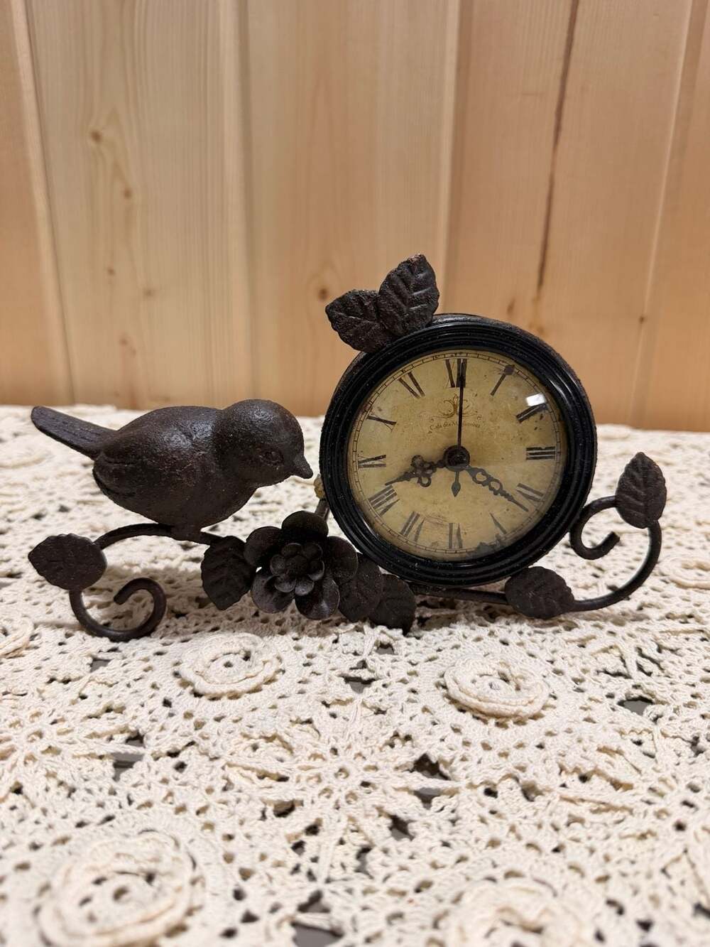 Rustic Farmhouse Cast Iron Table Clock With Bird Flower & Leaf Accents